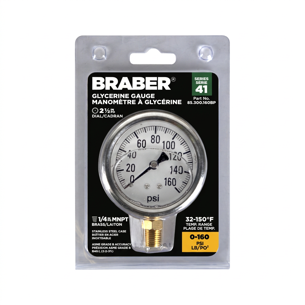 BRABER® Brass Glycerin Gauge 2-1/2" Dial 1/4" MNPT 160 PSI-zoom-4