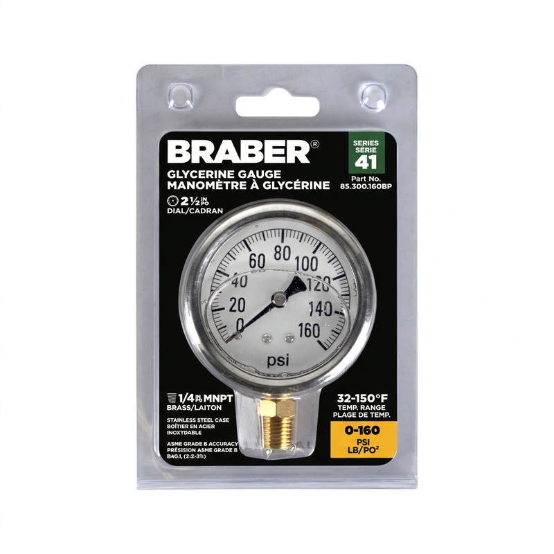 BRABER® Brass Glycerin Gauge 2-1/2" Dial 1/4" MNPT 160 PSI-zoom-