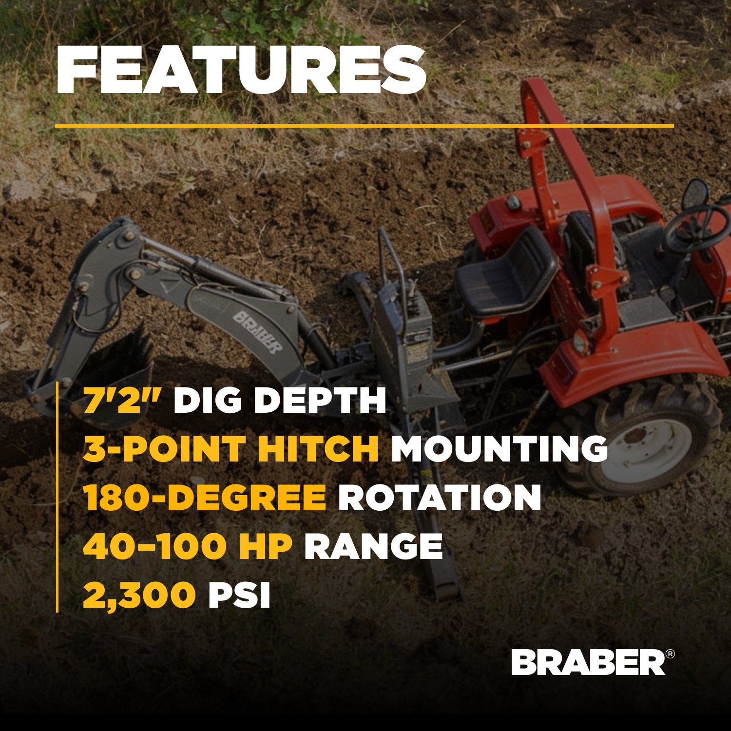 3-Point Backhoe Attachment 7'2" Dig Depth 40/100 HP – BE-BK71-3