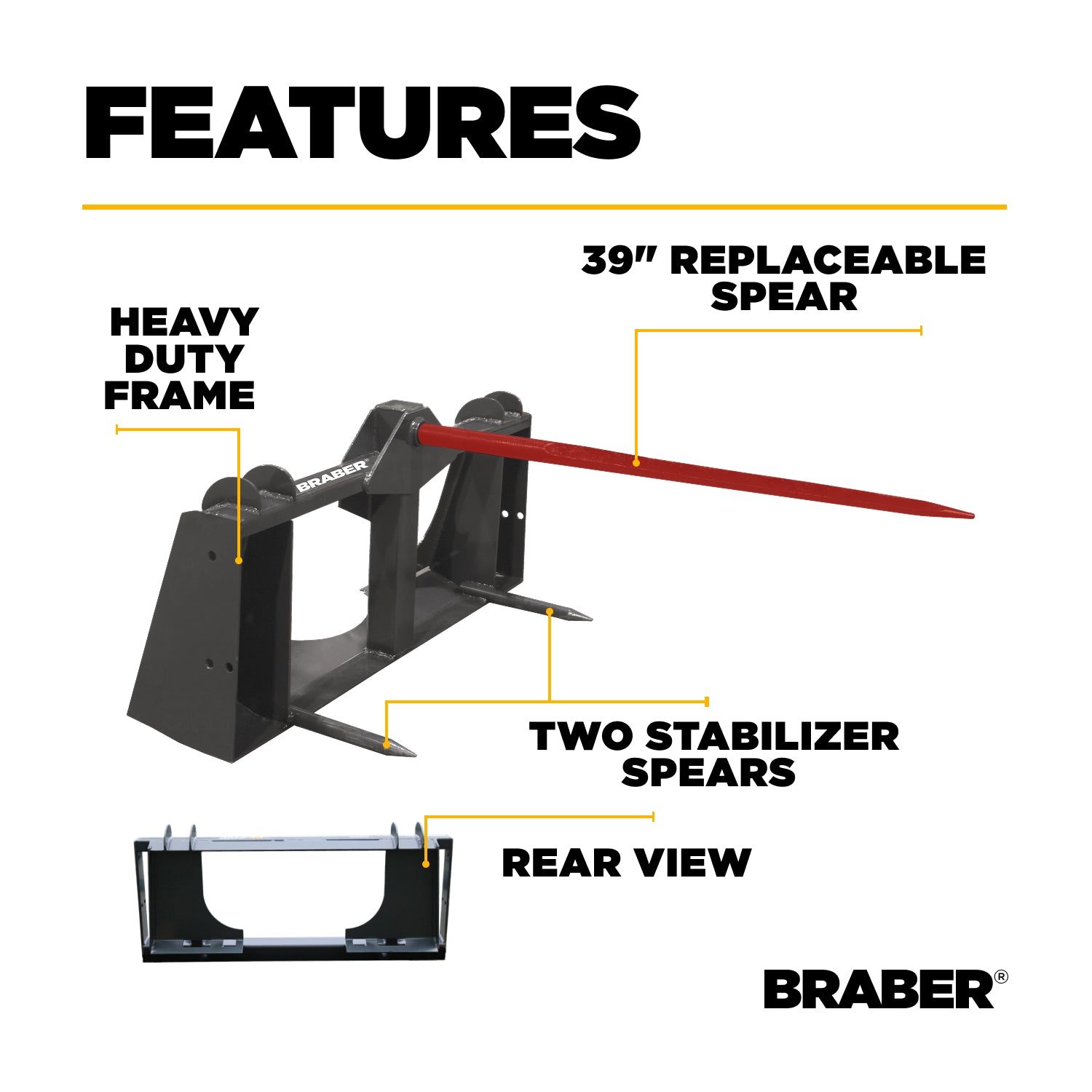 Skid Steer Single-Prong Bale Spear 39" – BE-BSS39BO500G-3