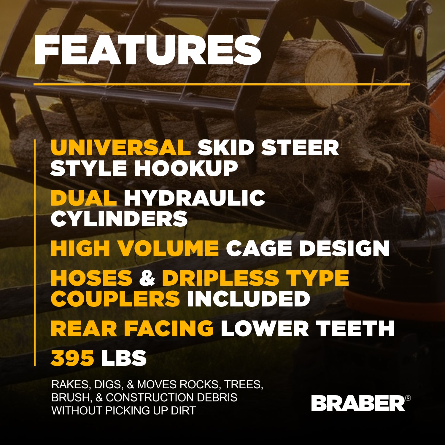 Skid Steer Root Grapple Bucket 77" Heavy-Duty – BE-SSGBC75-4