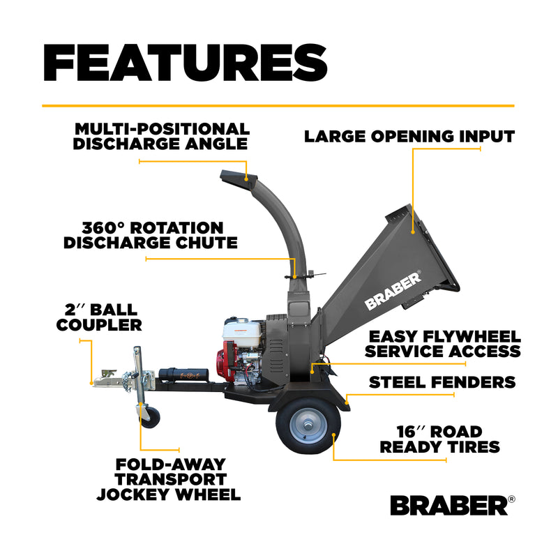 Flywheel Wood Chipper Shredder 4" Capacity Honda GX390 – BE-WCGF4H13-zoom-