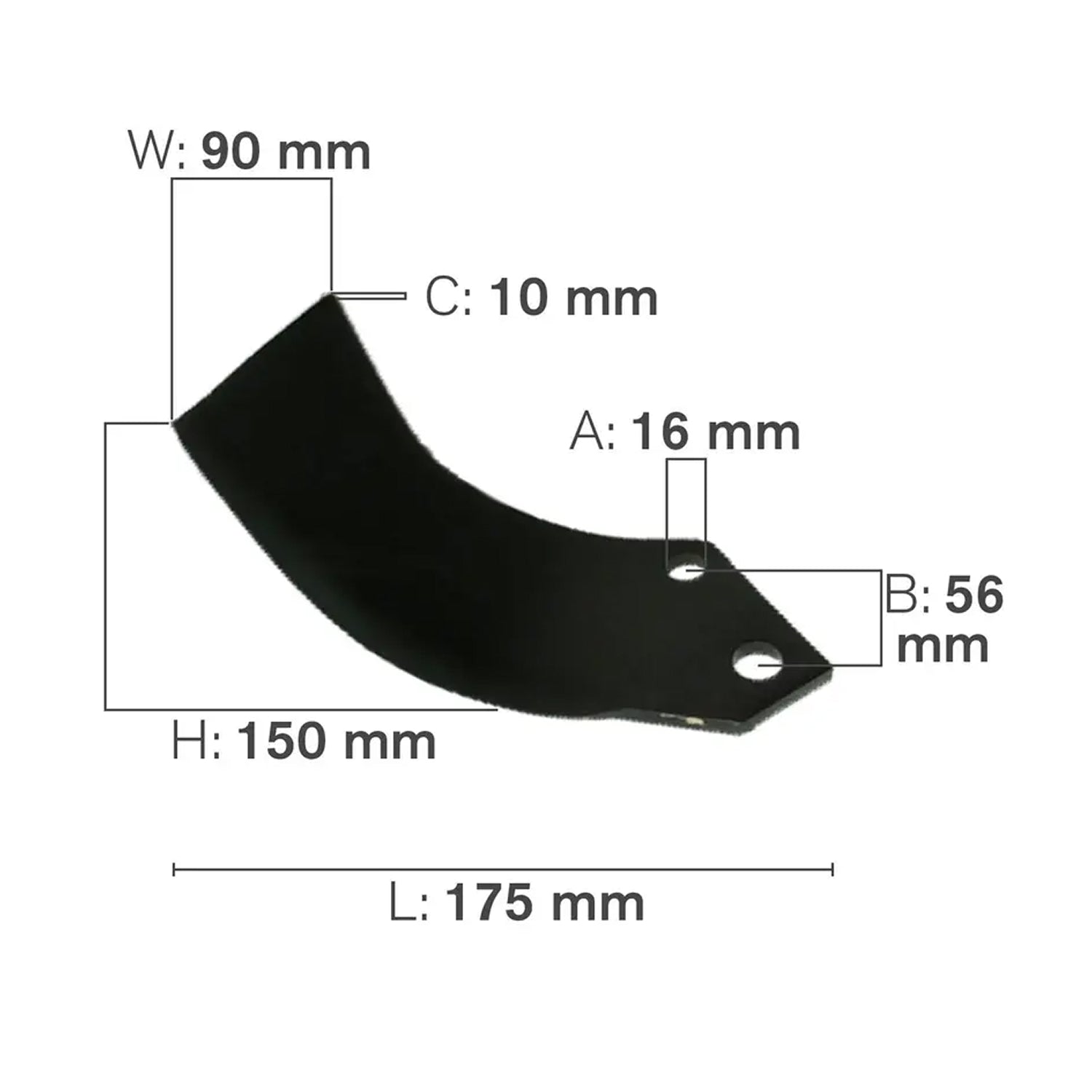 C-Shaped Tillage Blade, Right Hand, Tungsten Hard Surfaced