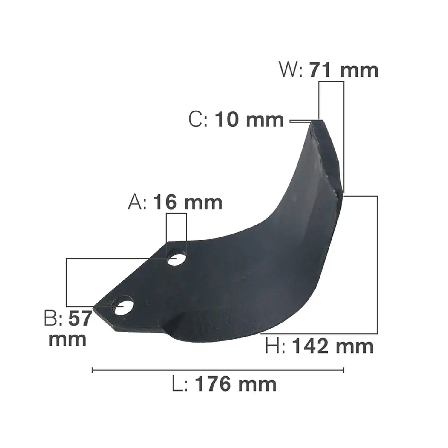 C Shaped Tillage Blade, Left Hand, Tungsten Hard Surfaced